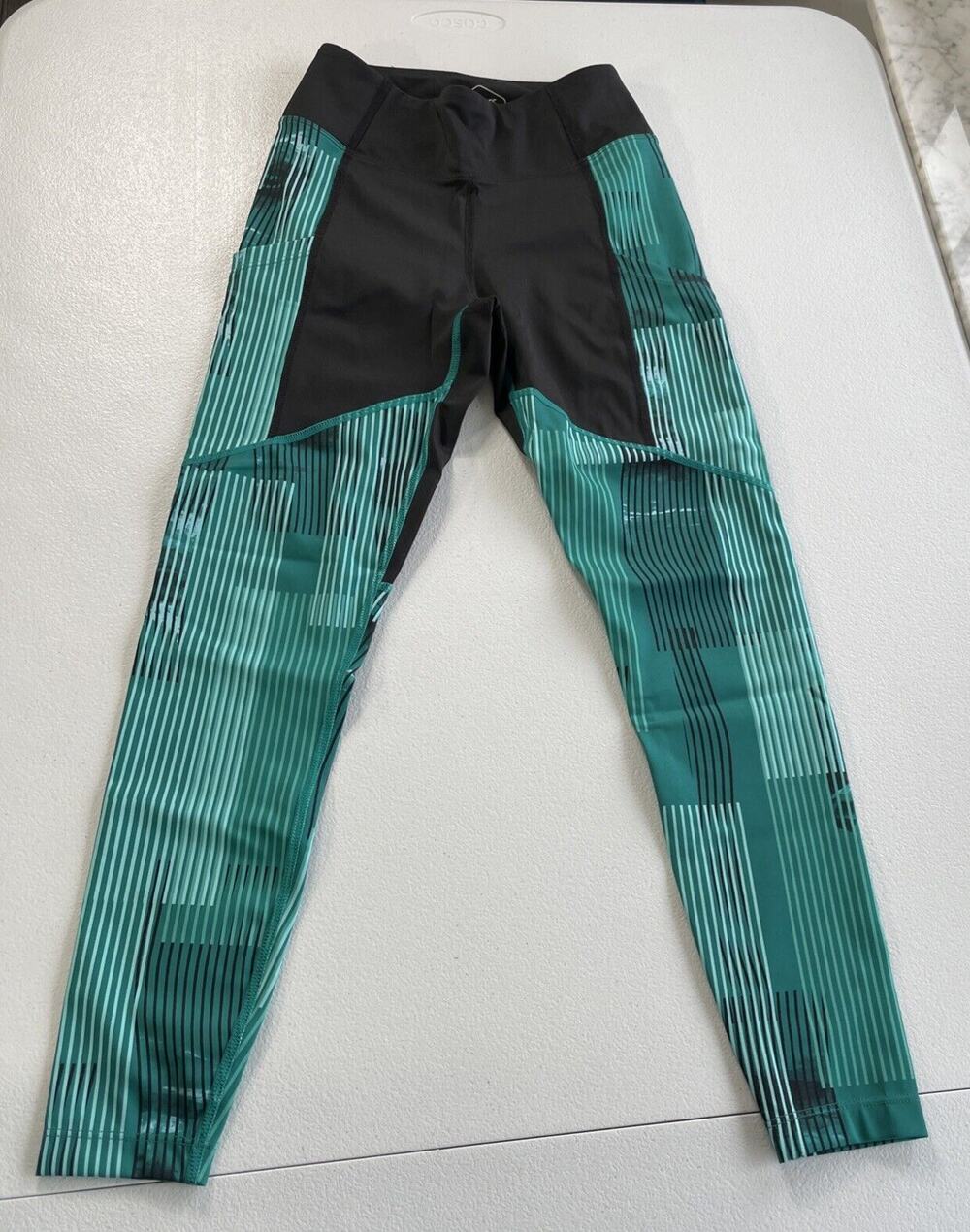 ASICS D1 Leggings Womens XS Athletic Side Pockets Black Green Stripes Activewear